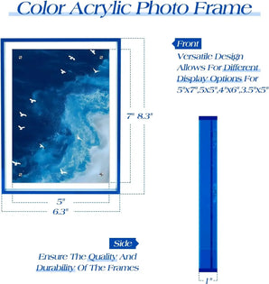 Color acrylic photo frame with ocean art, showing front and side dimensions and display options.