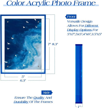 Color acrylic photo frame with ocean art, showing front and side dimensions and display options.