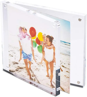 Clear acrylic photo frame displaying a beach family portrait with colorful balloons