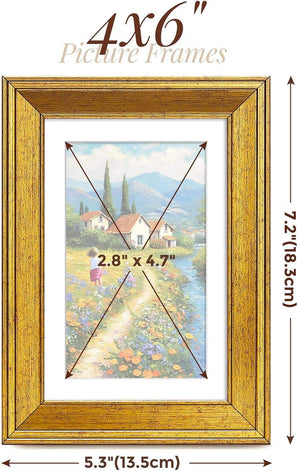 4x6 inch gold picture frame with outer dimensions and floral artwork, ideal for home decor
