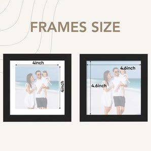 Comparison of black square frames with 4-inch and 4.6-inch photo sizes, family beach photo inside.