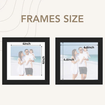 Comparison of black square frames with 4-inch and 4.6-inch photo sizes, family beach photo inside.