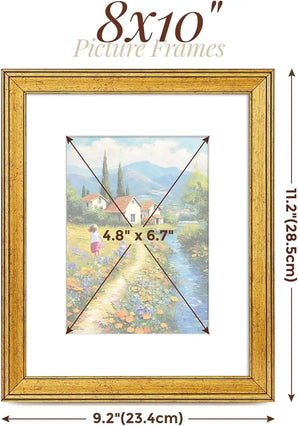 8x10 gold picture frame with mat, displaying a landscape painting with house, trees, flowers