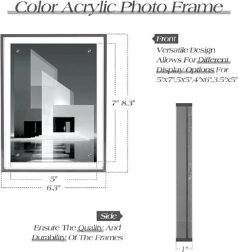 Color acrylic photo frame with measured dimensions, modern design, durable display for photos