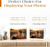 Acrylic photo frames displaying a couple at sunset, showing full screen and floating effects on a wooden shelf.