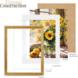 Exploded view of a custom photo frame with acrylic front, card mat, sunflower artwork, and wooden backboard.