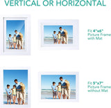White picture frames showing vertical and horizontal display options with family beach photo, fits 4x6 with mat or 5x7 without mat.