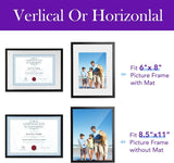 Black picture frames displayed vertically and horizontally, fitting 6x8 and 8.5x11 prints