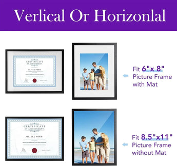 Black picture frames displayed vertically and horizontally, fitting 6x8 and 8.5x11 prints