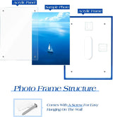 Acrylic photo frame structure with front panel, sample photo of sailboat, and mounting screw.