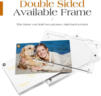 Double sided clear acrylic photo frame holding two pictures back to back on a white background