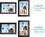 Comparison of 3x5 and 4x6 picture frames with and without mat, showing family photo display options.
