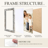 Exploded view of custom photo frame structure with MDF wood frame, clear acrylic, photo, and wood back plate