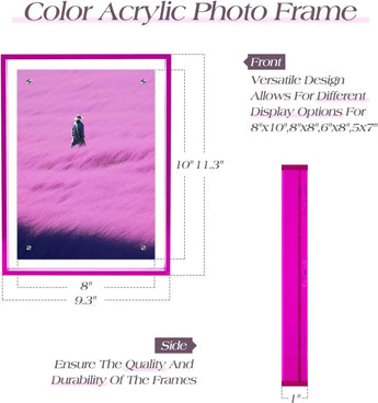 Color acrylic photo frame with pink border, sizing details, and person in pink field artwork.