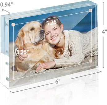 Acrylic photo frame displaying a woman and golden retriever on beach, frame size 6x4 inches.