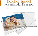 Double sided acrylic photo frame holding two pictures, one featuring a woman and a dog on the beach