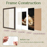 Exploded view of picture frame construction with frame, acrylic, mat, photo, wooden backboard