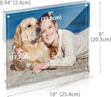 Custom acrylic photo frame with dimensions, featuring a woman and golden retriever on the beach