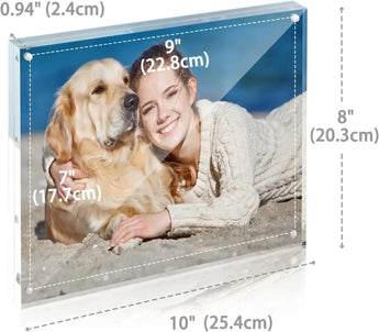 Custom acrylic photo frame with dimensions, featuring a woman and golden retriever on the beach