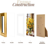 Gold picture frame parts with acrylic, card mat, sunflower photo, and wooden backboard