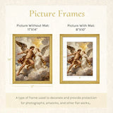 Comparison of 11x14 and 8x10 custom picture frames with and without mat, featuring classical artwork.