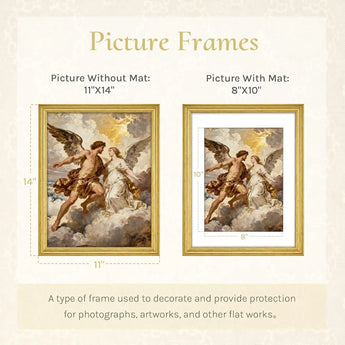 Comparison of 11x14 and 8x10 custom picture frames with and without mat, featuring classical artwork.