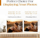 Acrylic photo frames on a shelf, displaying a couple outdoors with full screen and floating effects.