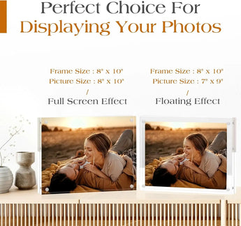 Acrylic photo frames on a shelf, displaying a couple outdoors with full screen and floating effects.
