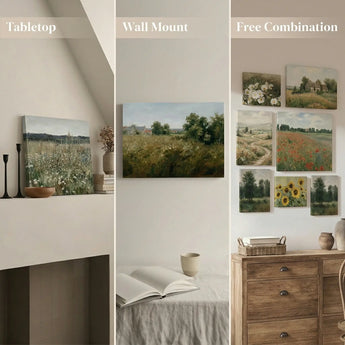 Customizable canvas prints displayed as tabletop decor, wall mounts, and gallery wall combinations