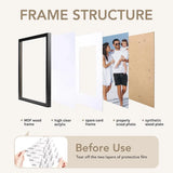 Exploded view of custom photo frame with MDF wood frame, acrylic, mat, photo, and wood plate.