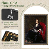Black gold vintage photo frame with ornate carved design and spring clip wall hook, displaying classic portrait art.