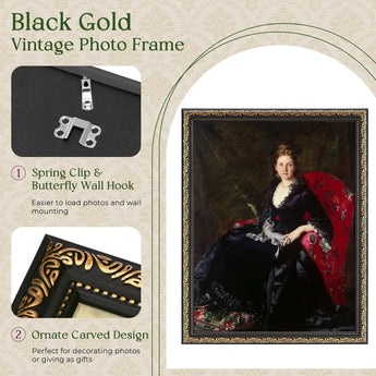 Black gold vintage photo frame with ornate carved design and spring clip wall hook, displaying classic portrait art.