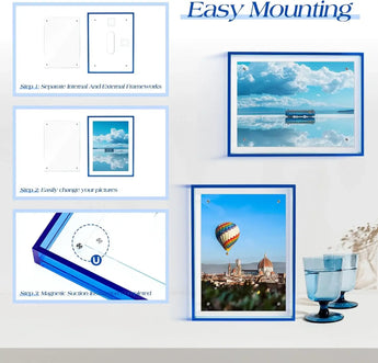 Easy mounting guide for blue magnetic photo frame with customizable wall decor display