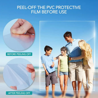 Instruction to peel off PVC protective film from a photo frame, with a smiling family on the beach.