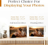 Comparison of acrylic photo frames displaying a couple outdoors, showing full screen and floating effects, with 5x7 and 4x6 picture size options.