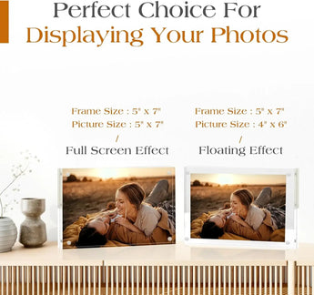 Comparison of acrylic photo frames displaying a couple outdoors, showing full screen and floating effects, with 5x7 and 4x6 picture size options.