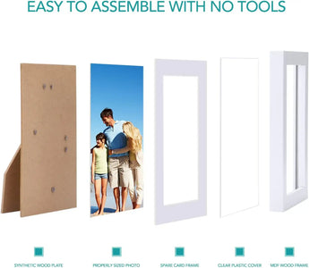 Exploded view of customizable photo frame with wood backing, photo, card frame, plastic cover, and MDF frame