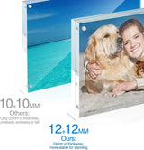 Acrylic photo frames comparison showing thickness, with custom printed images inside.