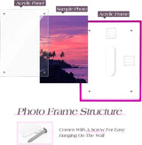 Custom acrylic photo frame structure with clear panel, sample sunset photo, frame back, and mounting screw for easy wall hanging.