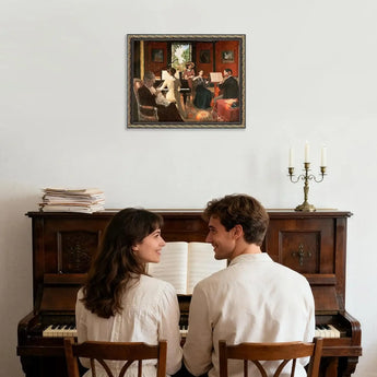 Couple at piano with sheet music, framed art and candelabra on wall, cozy home decor setting