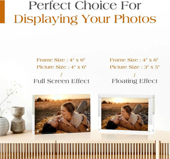 Acrylic photo frames displaying a couple's picture, showing full screen and floating effects side by side.