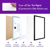Exploded view of custom photo frame components with protective film, wood and acrylic layers.