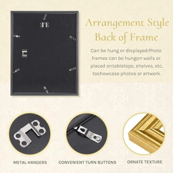 Back of photo frame with metal hangers, turn buttons, and ornate gold textured edge.