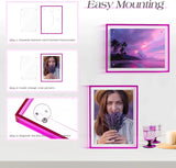 Easy mounting guide for magnetic acrylic photo frames with pink borders, showing customizable wall decor steps.