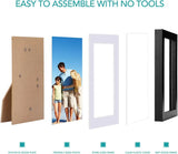Exploded view of a customizable photo frame kit with wood plate, photo, card frame, plastic cover, and MDF frame