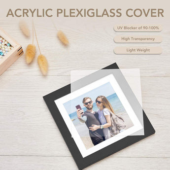 Acrylic plexiglass photo frame cover with UV blocker, high transparency, lightweight design, displaying a couple's beach selfie.
