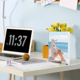Custom acrylic photo frame with beach portrait on modern desk, personalized home decor
