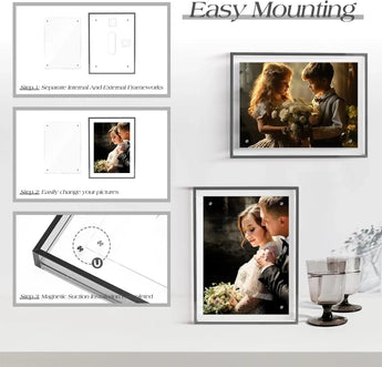 Easy mounting steps for magnetic photo frame with elegant wedding couple prints displayed on wall and table.