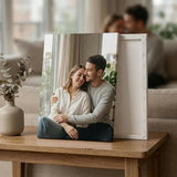 Custom canvas print of a smiling couple in cozy home decor setting on wooden table