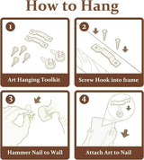 Step-by-step guide showing how to hang custom frames using art hanging toolkit, nails, and hooks.